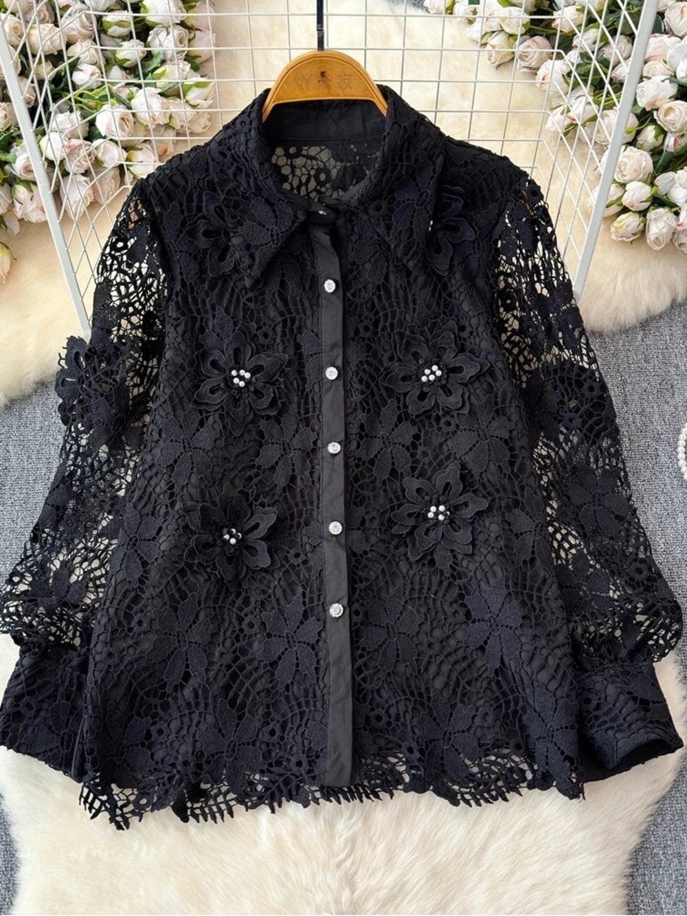 Elegant Black Floral Appliques Lace Button-Front Women's Top